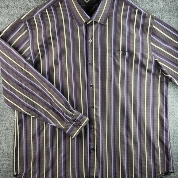 Tommy Bahama XXL 100% Silk Purple Gray Stripe Plaid Long Sleeve Button Up Shirt - Picture 2 of 16